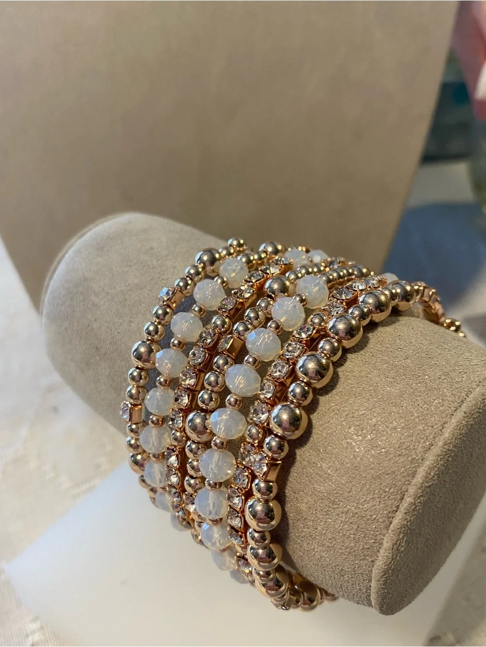 Rose Gold Necklace, Beaded Multi-Strand Bracelet & Hoop Earring Set